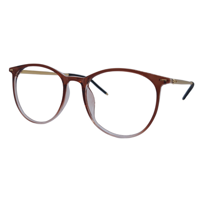 Óculos redondo marrom transparente com armação em acetato leve e resistente. Imagem destacando o design moderno e as lentes transparentes, compatíveis com diferentes graus e tratamentos.