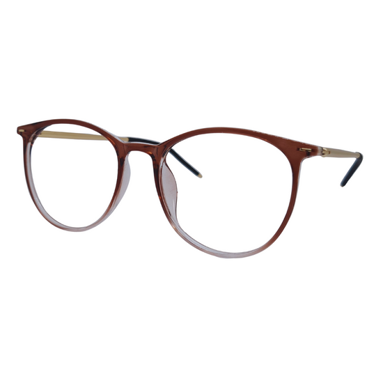 Óculos redondo marrom transparente com armação em acetato leve e resistente. Imagem destacando o design moderno e as lentes transparentes, compatíveis com diferentes graus e tratamentos.