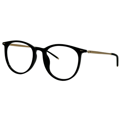 Óculos preto com armação em acetato leve e resistente. Imagem destacando o design moderno e as lentes transparentes, compatíveis com diferentes graus e tratamentos.