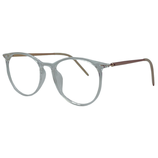 Óculos redondo transparente com armação em acetato leve e resistente. Imagem destacando o design moderno e as lentes transparentes, compatíveis com diferentes graus e tratamentos.