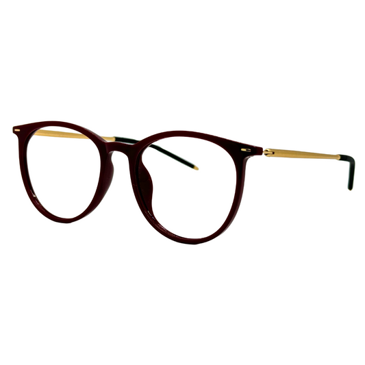 Óculos redondo vinho com armação leve e resistente. Imagem destacando o design moderno e as lentes transparentes, compatíveis com diferentes graus e tratamentos.