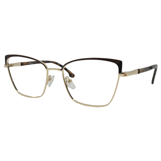 Óculos gatinho dourado e marrom feminino com armação em metal leve e resistente. Imagem destacando o design sofisticado e as lentes transparentes, compatíveis com diferentes graus e tratamentos.
