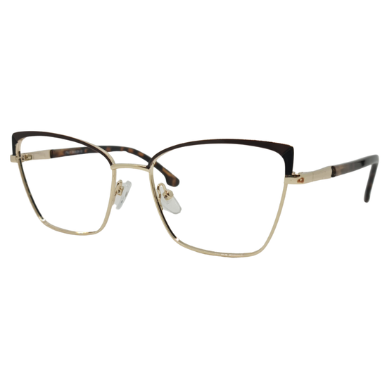 Óculos gatinho dourado e marrom feminino com armação em metal leve e resistente. Imagem destacando o design sofisticado e as lentes transparentes, compatíveis com diferentes graus e tratamentos.
