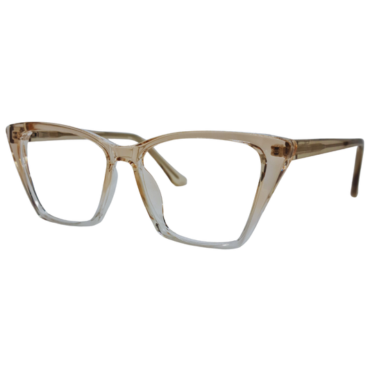 Óculos champagne unissex com armação em acetato leve e resistente. Imagem destacando o design moderno e as lentes transparentes, compatíveis com diferentes graus e tratamentos.