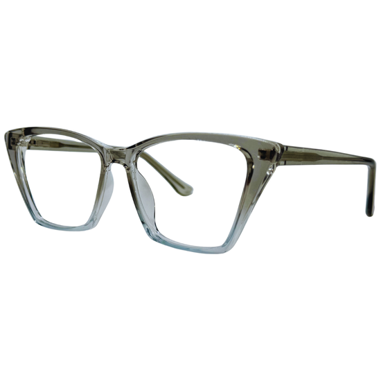 Óculos cinza transparente unissex com armação em acetato leve e resistente. Imagem destacando o design moderno e as lentes transparentes, compatíveis com diferentes graus e tratamentos.