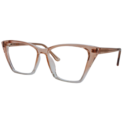 Óculos rosa transparente unissex com armação em acetato leve e resistente. Imagem destacando o design moderno e as lentes transparentes, compatíveis com diferentes graus e tratamentos.