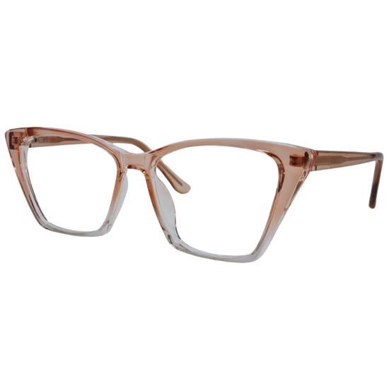 Óculos rosa transparente unissex com armação em acetato leve e resistente. Imagem destacando o design moderno e as lentes transparentes, compatíveis com diferentes graus e tratamentos.