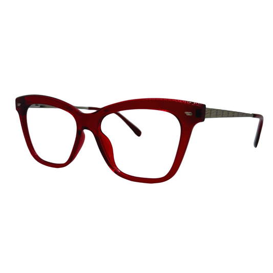 Óculos gatinho vermelho com armação em acetato leve e resistente. Imagem destacando o design moderno e as lentes transparentes, compatíveis com diferentes graus e tratamentos.