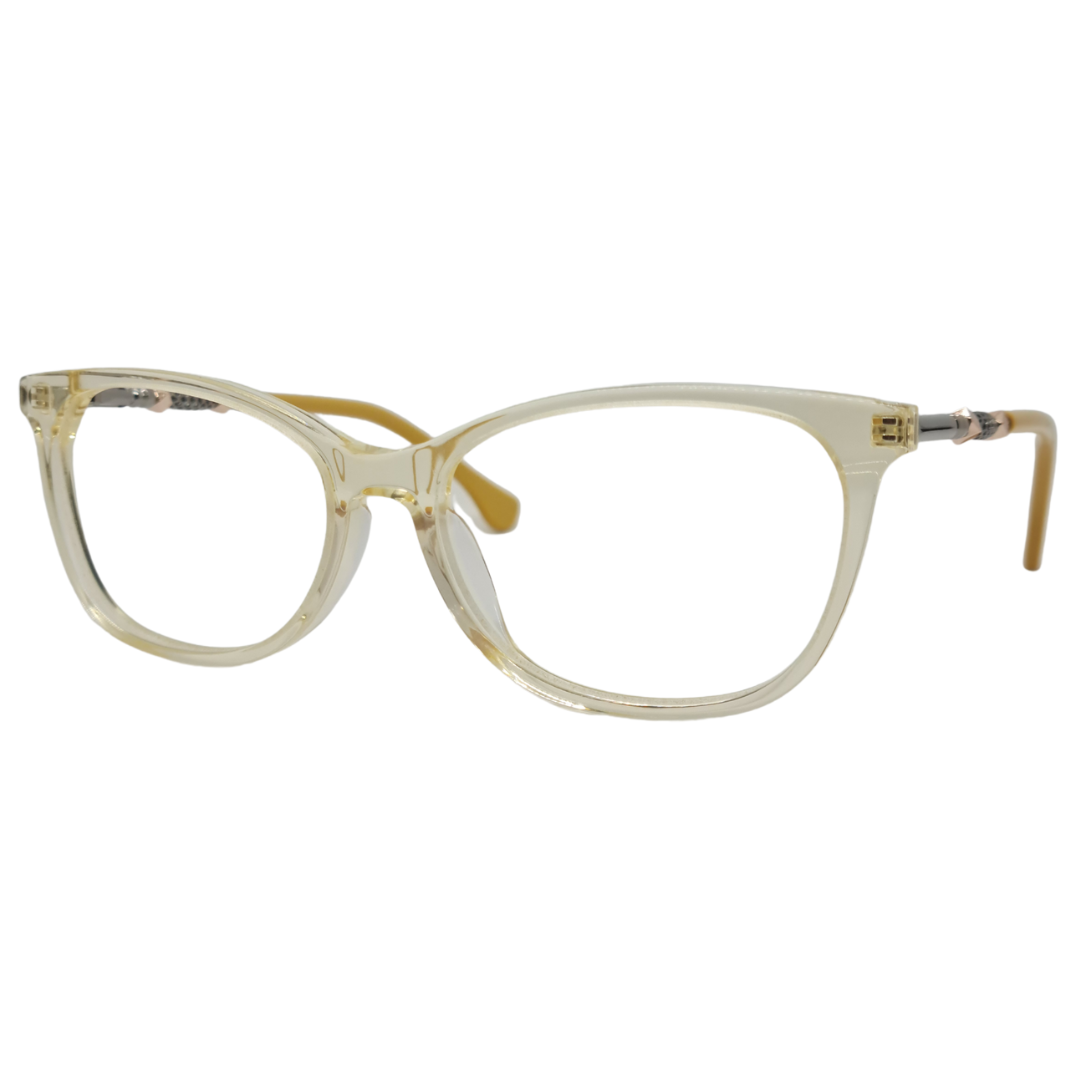 Óculos quadrado amarelo transparente feminino com armação em acetato leve e resistente. Imagem destacando o design elegante e as lentes transparentes, compatíveis com diferentes graus e tratamentos.
