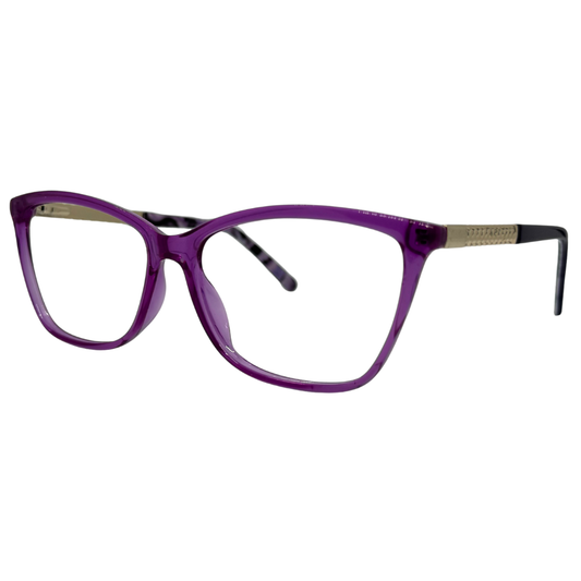 Óculos quadrado roxo feminino com armação em acetato leve e resistente. Imagem destacando o design elegante e as lentes transparentes, compatíveis com diferentes graus e tratamentos.