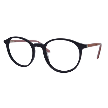 Óculos redondo preto e rosa com armação em acetato leve e resistente. Imagem destacando o design moderno e as lentes transparentes, compatíveis com diferentes graus e tratamentos.