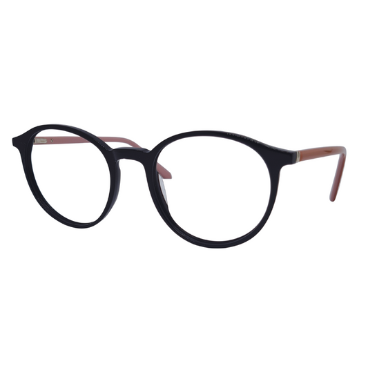 Óculos redondo preto e rosa com armação em acetato leve e resistente. Imagem destacando o design moderno e as lentes transparentes, compatíveis com diferentes graus e tratamentos.