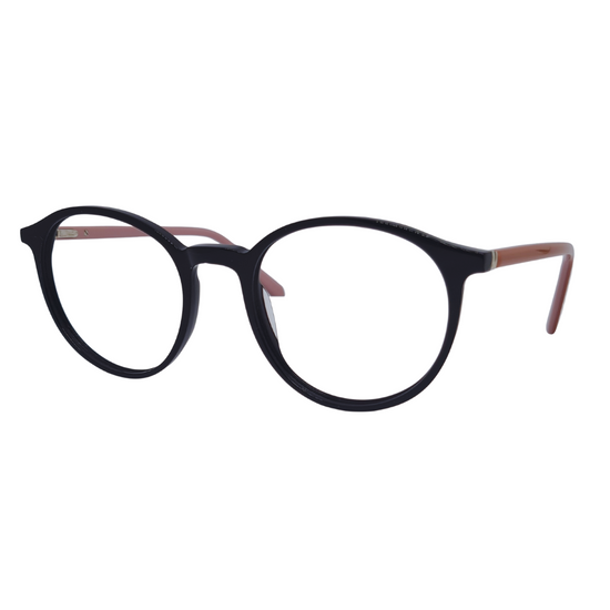 Óculos redondo preto e rosa com armação em acetato leve e resistente. Imagem destacando o design moderno e as lentes transparentes, compatíveis com diferentes graus e tratamentos.