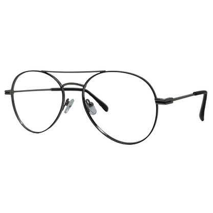 Óculos aviador prata unissex com armação em metal leve e resistente. Imagem destacando o design clássico e as lentes transparentes, compatíveis com diferentes graus e tratamentos.