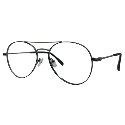 Óculos aviador prata unissex com armação em metal leve e resistente. Imagem destacando o design clássico e as lentes transparentes, compatíveis com diferentes graus e tratamentos.