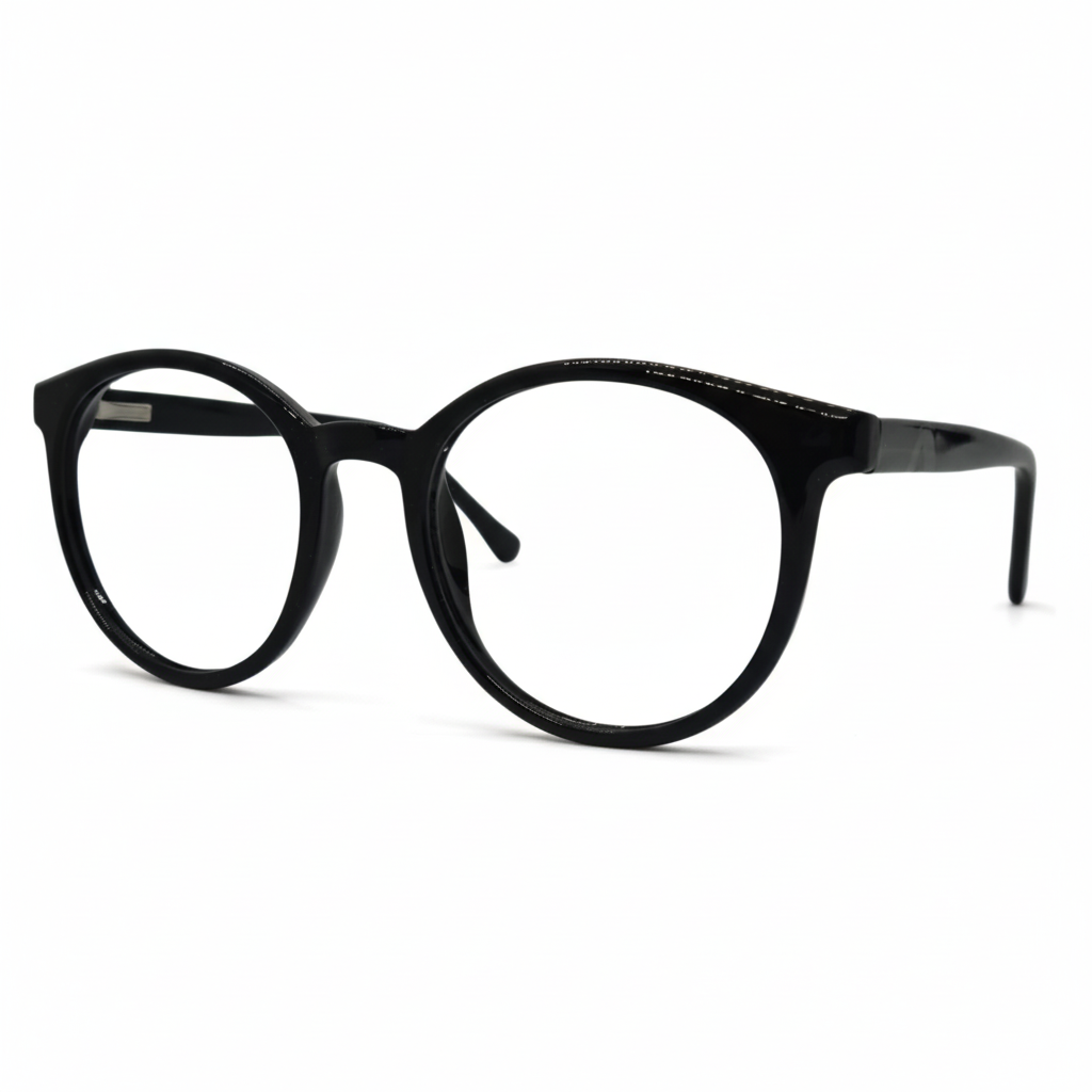 Óculos feminino redondo preto em acetato leve e resistente. Imagem destacando o design clássico e as lentes transparentes compatíveis com diferentes graus.