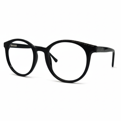 Óculos feminino redondo preto em acetato leve e resistente. Imagem destacando o design clássico e as lentes transparentes compatíveis com diferentes graus.