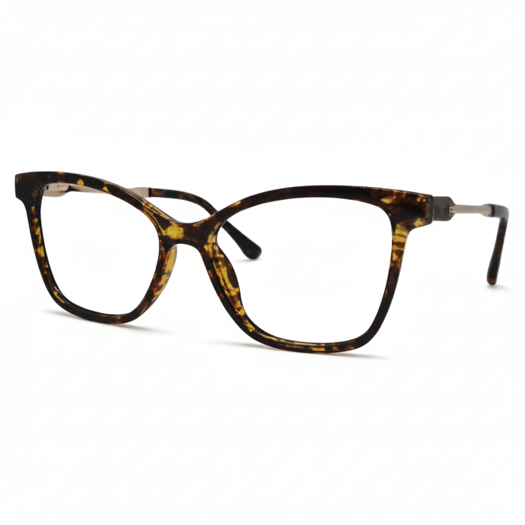 Óculos gatinho tartaruga feminino com armação em acetato leve e resistente. Imagem destacando o design elegante e as lentes transparentes, compatíveis com diferentes graus e tratamentos.