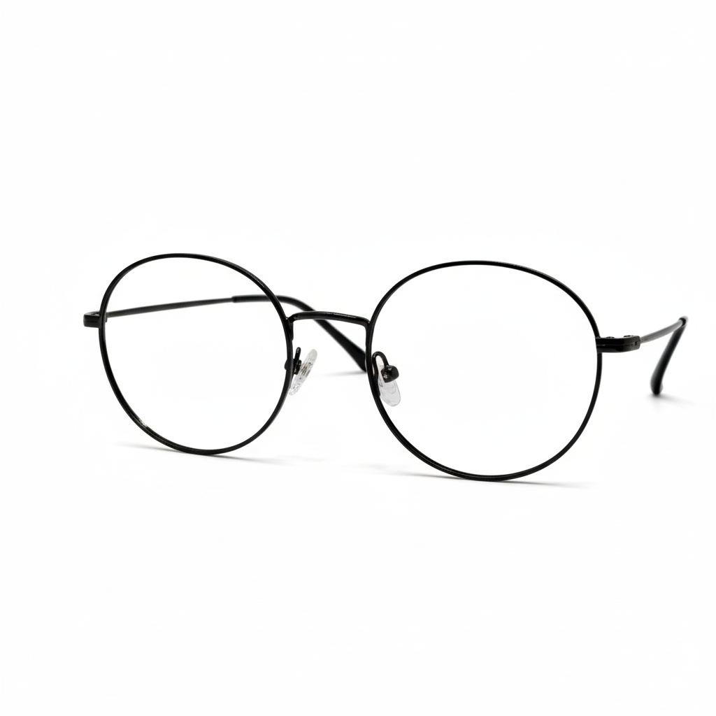 Óculos redondo grafite unissex com armação em metal leve e resistente. Imagem destacando o design moderno e as lentes transparentes, compatíveis com diferentes graus e tratamentos.