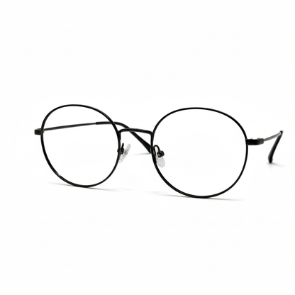 Óculos redondo grafite unissex com armação em metal leve e resistente. Imagem destacando o design moderno e as lentes transparentes, compatíveis com diferentes graus e tratamentos.