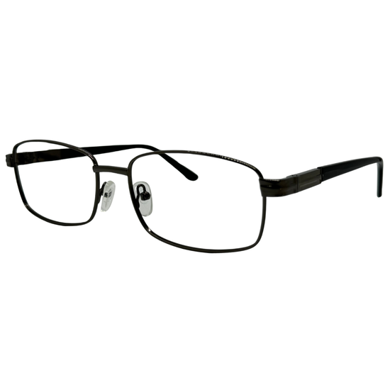 Óculos quadrado cinza masculino com armação em metal leve e resistente. Imagem destacando o design sofisticado e as lentes transparentes, compatíveis com diferentes graus e tratamentos.