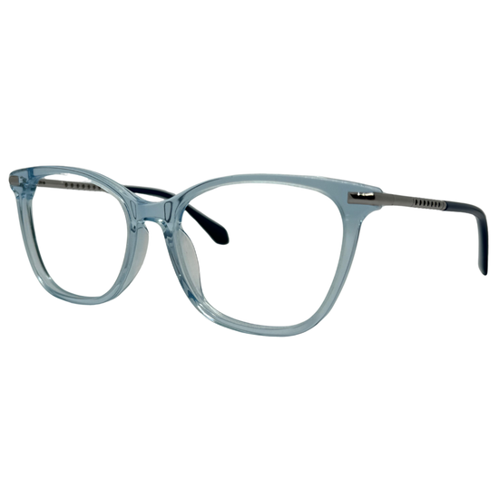 Óculos quadrado azul transparente unissex com armação em acetato leve e resistente. Imagem destacando o design moderno e as lentes transparentes, compatíveis com diferentes graus e tratamentos.