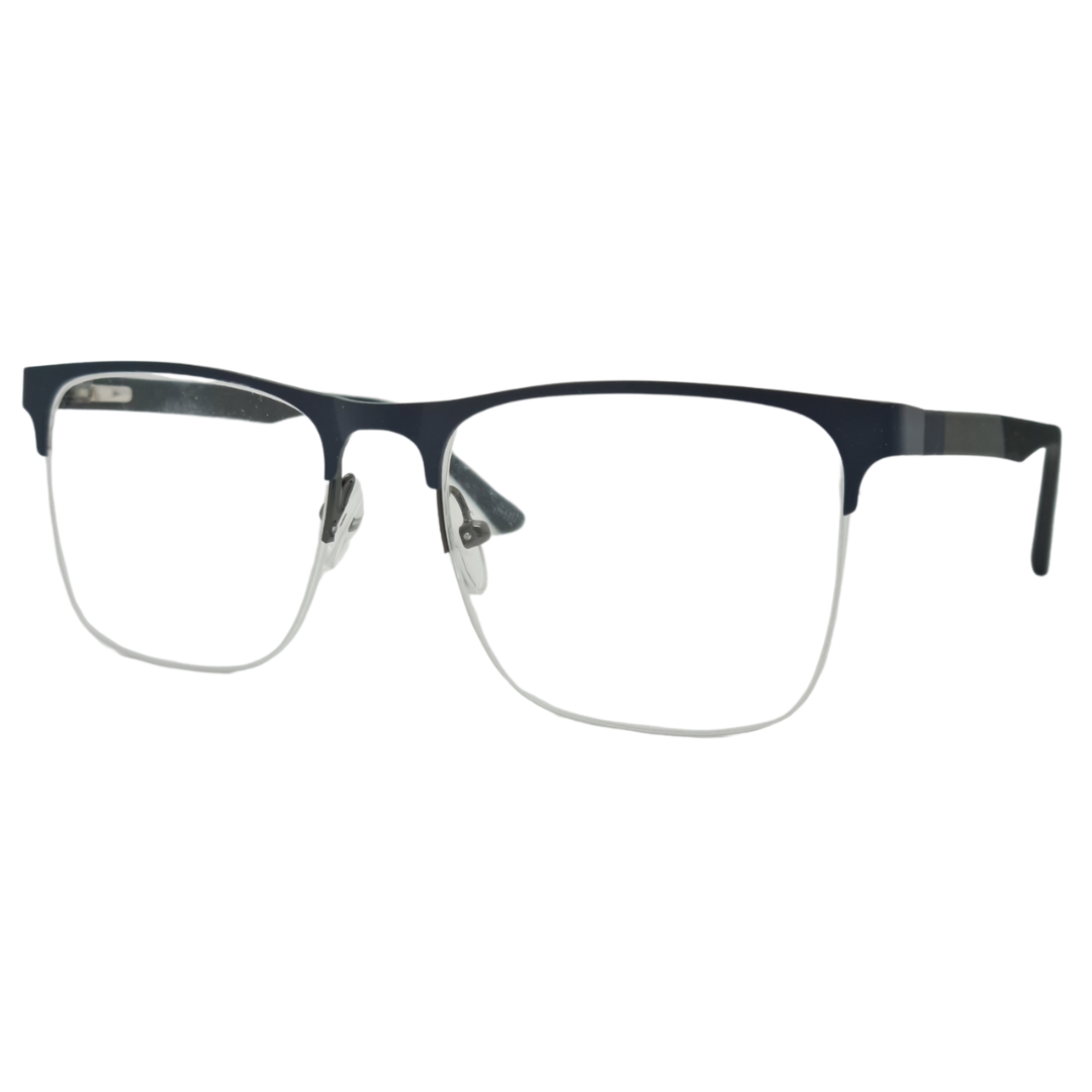 Óculos quadrado azul marinho masculino com armação em nylon e metal leve e resistente. Imagem destacando o design elegante e as lentes transparentes, compatíveis com diferentes graus e tratamentos.