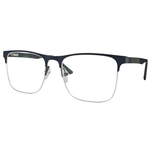 Óculos quadrado azul marinho masculino com armação em nylon e metal leve e resistente. Imagem destacando o design elegante e as lentes transparentes, compatíveis com diferentes graus e tratamentos.