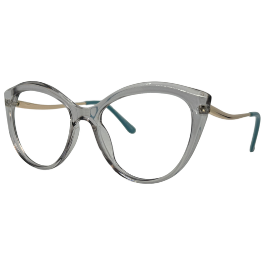 Óculos gatinho transparente feminino com armação em acetato leve e resistente. Imagem destacando o design delicado e as lentes transparentes, compatíveis com diferentes graus e tratamentos.