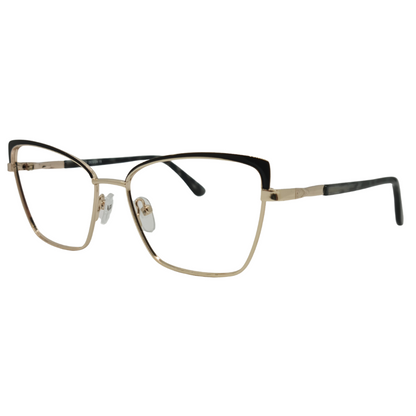 Óculos gatinho dourado com preto feminino com armação em metal leve e resistente. Imagem destacando o design refinado e as lentes transparentes, compatíveis com diferentes graus e tratamentos.