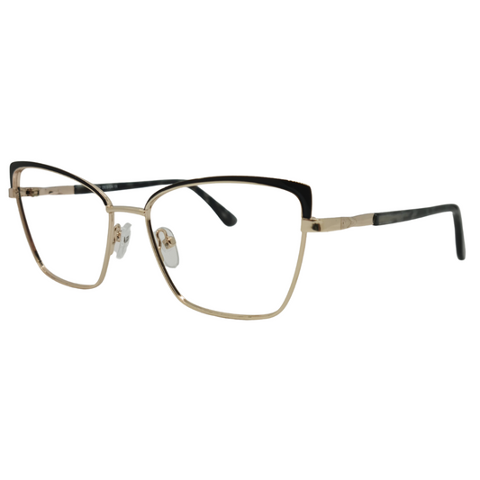 Óculos gatinho dourado com preto feminino com armação em metal leve e resistente. Imagem destacando o design refinado e as lentes transparentes, compatíveis com diferentes graus e tratamentos.