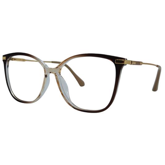 Óculos gatinho marrom transparente feminino com armação em acetato leve e resistente. Imagem destacando o design sofisticado e as lentes transparentes, compatíveis com diferentes graus e tratamentos.