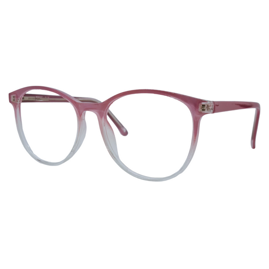 Óculos redondo rosa degradê feminino com armação em acetato leve e resistente. Imagem destacando o design moderno e as lentes transparentes, compatíveis com diferentes graus e tratamentos.