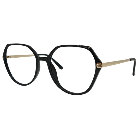 Óculos hexagonal preto feminino com armação em acetato leve e resistente. Imagem destacando o design geométrico e as lentes transparentes, compatíveis com diferentes graus e tratamentos.