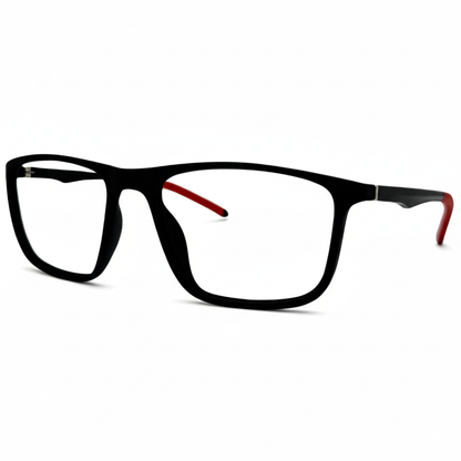 Óculos quadrado preto e vermelho masculino com armação em acetato leve e resistente. Imagem destacando o design moderno e as lentes transparentes, compatíveis com diferentes graus e tratamentos.