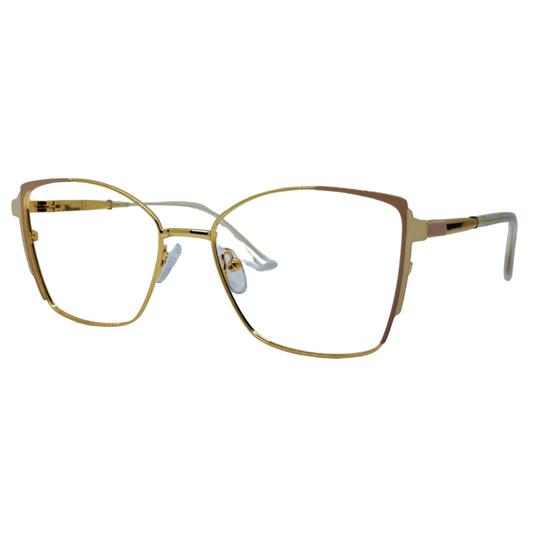 Óculos gatinho nude e dourado feminino com armação em metal leve e resistente. Imagem destacando o design sofisticado e as lentes transparentes, compatíveis com diferentes graus e tratamentos.