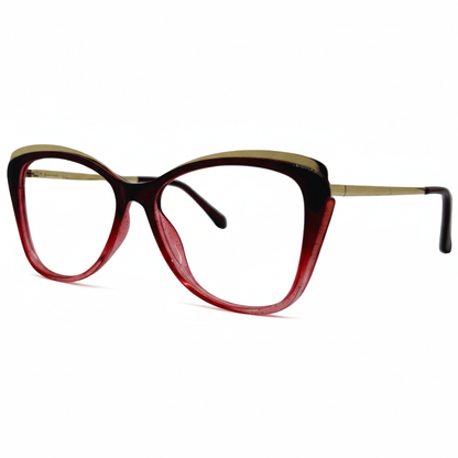 Óculos gatinho vermelho degradê feminino com armação em acetato leve e resistente. Imagem destacando o design moderno e as lentes transparentes, compatíveis com diferentes graus e tratamentos.