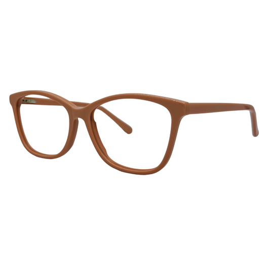 Óculos gatinho nude com armação em acetato leve e resistente. Imagem destacando o design moderno e as lentes transparentes, compatíveis com diferentes graus e tratamentos.