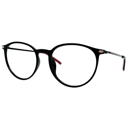 Óculos redondo preto e vermelho unissex com armação em acetato leve e resistente. Imagem destacando o design moderno e as lentes transparentes, compatíveis com diferentes graus e tratamentos.