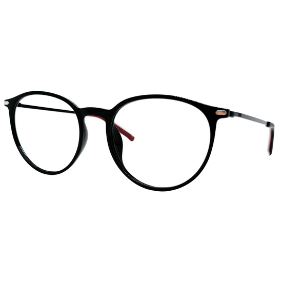 Óculos redondo preto e vermelho unissex com armação em acetato leve e resistente. Imagem destacando o design moderno e as lentes transparentes, compatíveis com diferentes graus e tratamentos.