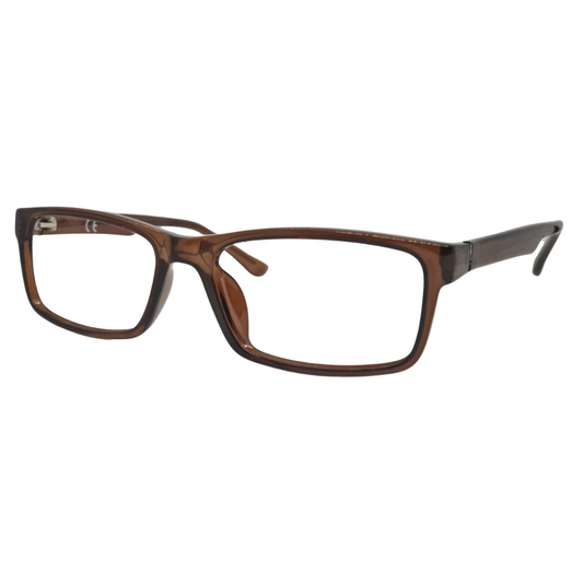 Óculos quadrado marrom unissex com armação em acetato leve e resistente. Imagem destacando o design moderno e as lentes transparentes, compatíveis com diferentes graus e tratamentos.