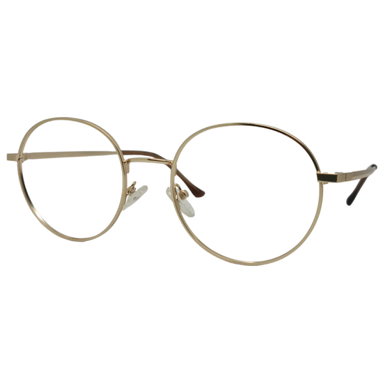 Óculos redondo dourado feminino com armação em metal leve e resistente. Imagem destacando o design clássico e as lentes transparentes, compatíveis com diferentes graus e tratamentos.