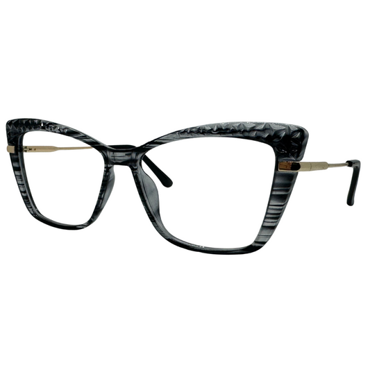 Óculos gatinho preto feminino com armação em acetato leve e resistente. Imagem destacando o design elegante e as lentes transparentes, compatíveis com diferentes graus e tratamentos.