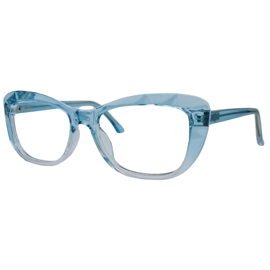 Óculos gatinho azul cristal feminino com armação em acetato leve e resistente. Imagem destacando o design moderno e as lentes transparentes, compatíveis com diferentes graus e tratamentos.