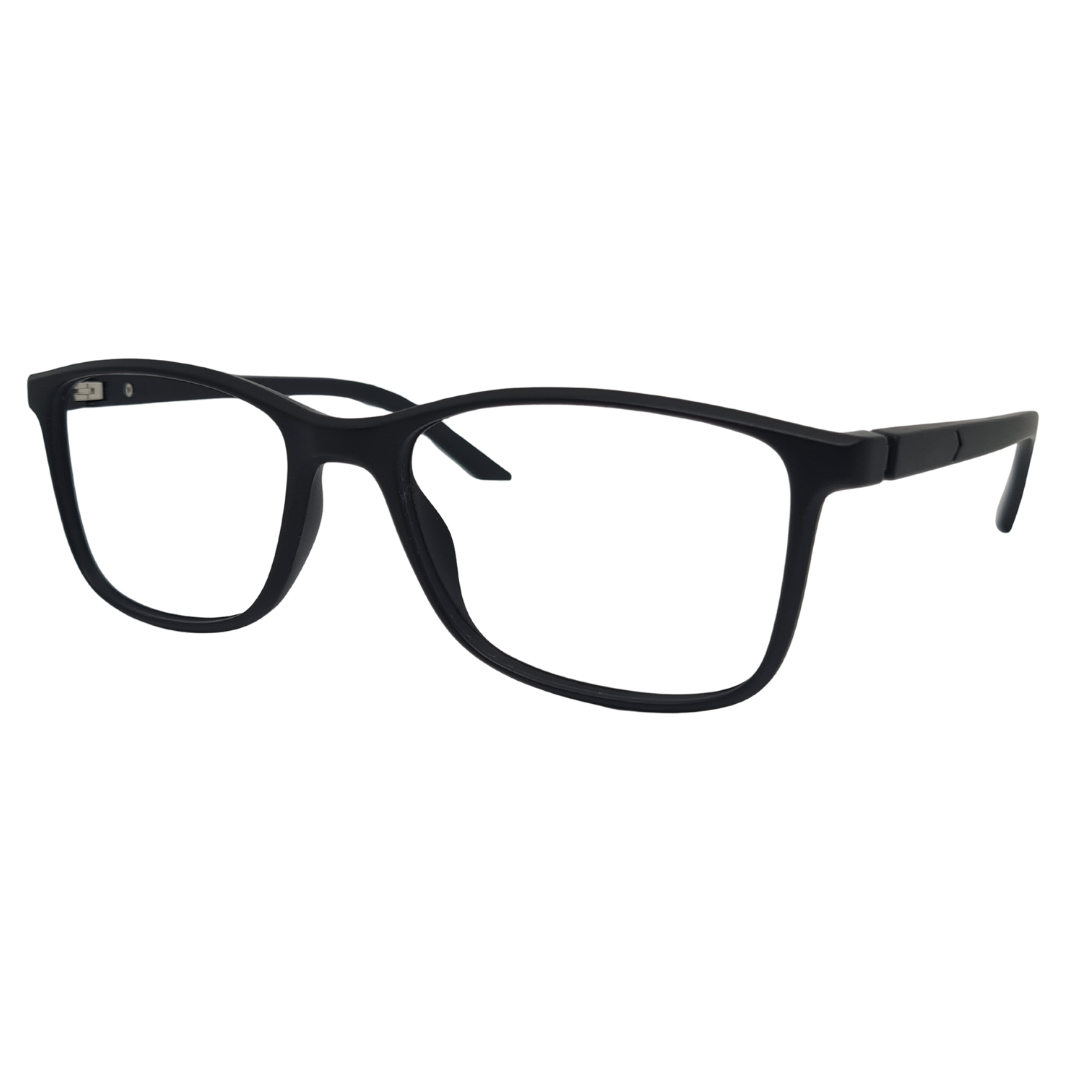 Óculos quadrado preto com armação em acetato leve e resistente. Imagem destacando o design moderno e as lentes transparentes, compatíveis com diferentes graus e tratamentos.