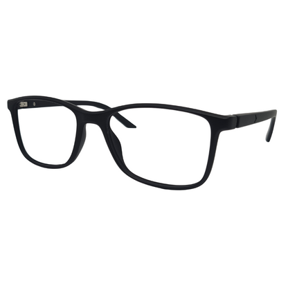 Óculos quadrado preto com armação em acetato leve e resistente. Imagem destacando o design moderno e as lentes transparentes, compatíveis com diferentes graus e tratamentos.