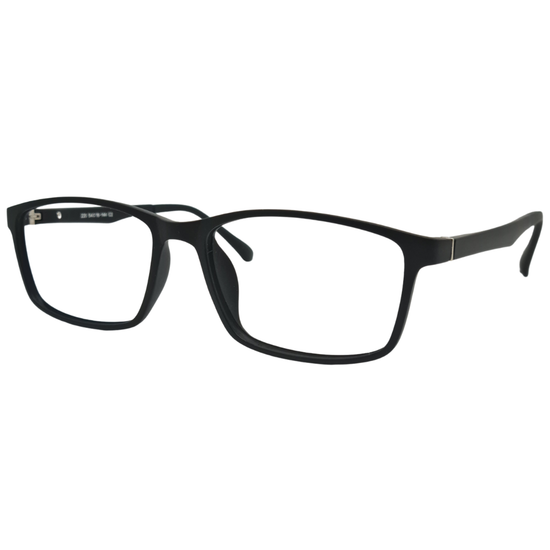 Óculos quadrado preto unissex com armação em acetato leve e resistente. Imagem destacando o design moderno e as lentes transparentes, compatíveis com diferentes graus e tratamentos.