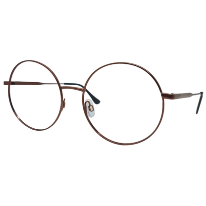 Óculos redondo marrom cobre unissex com armação em metal leve e resistente. Imagem destacando o design retrô e as lentes transparentes, compatíveis com diferentes graus e tratamentos.