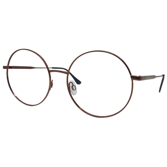 Óculos redondo marrom cobre unissex com armação em metal leve e resistente. Imagem destacando o design retrô e as lentes transparentes, compatíveis com diferentes graus e tratamentos.