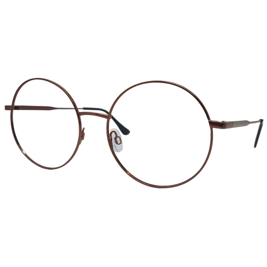 Óculos redondo marrom cobre unissex com armação em metal leve e resistente. Imagem destacando o design retrô e as lentes transparentes, compatíveis com diferentes graus e tratamentos.
